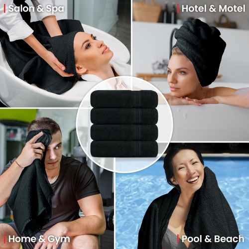 Canadian Linen Everest Luxury Bath Towels, 26”x52”, 4 Pack, 100% Cotton Quick Dry Soft Absorbent Lightweight Towels for Home, Hair Salons, Spa, Black