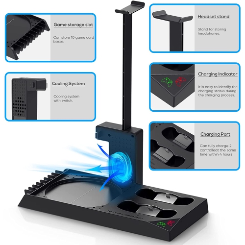 Vertical Cooling Stand Compatible with Xbox Series X with Cooling Fan, Cooling Station Dock with 10 Game Storage Organizer, Controller & Headphone