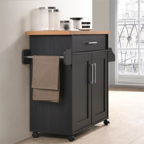 Hodedah Kitchen Island with Spice Rack plus Towel Holder in Black-Beige Wood