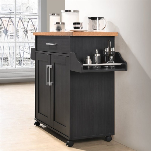 Hodedah Kitchen Island with Spice Rack plus Towel Holder in Black-Beige Wood