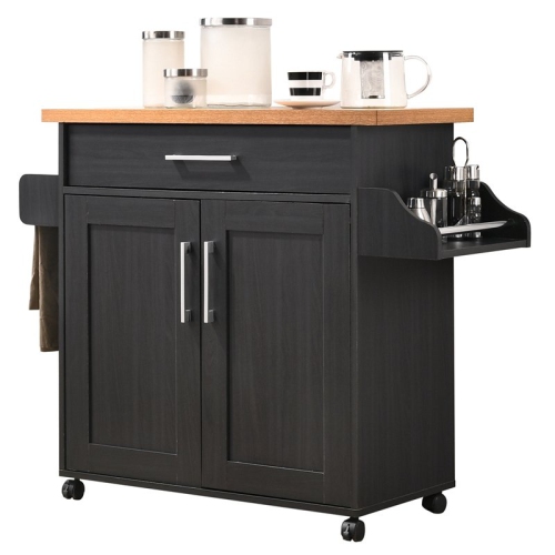 Hodedah Kitchen Island with Spice Rack plus Towel Holder in Black-Beige Wood