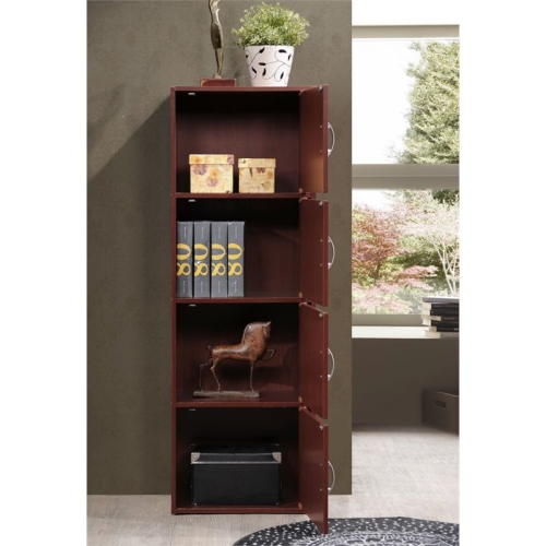 Hodedah 4 Shelf 4 Door Multi-Purpose Wooden Bookcase in Mahogany Finish
