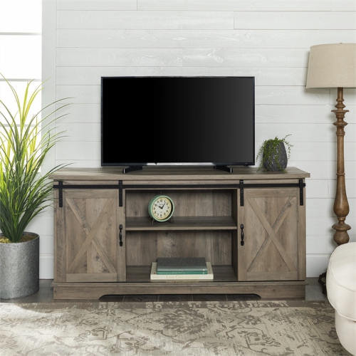 Pemberly Row 58" Sliding Door TV Stand in Gray Wash