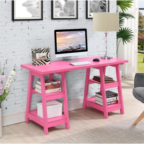 Convenience Concepts Designs2Go Double Trestle Desk in Pink Wood Finish