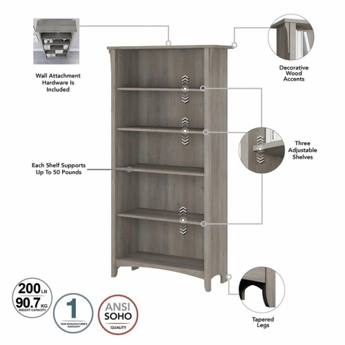 Scranton & Co Furniture Salinas Tall 5 Shelf Bookcase in Driftwood Gray