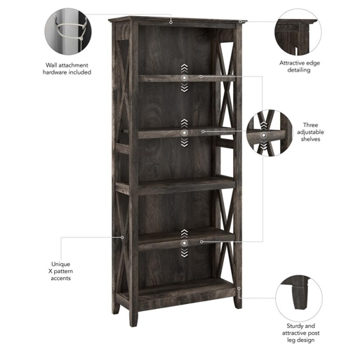 Key West Tall 5 Shelf Bookcase in Dark Gray Hickory - Engineered Wood