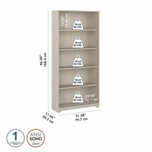 Cabot 5 Shelf Tall Bookcase in Linen White Oak - Engineered Wood