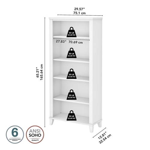 Bush Business Furniture Somerset 5 Shelf Bookcase in White - Engineered Wood