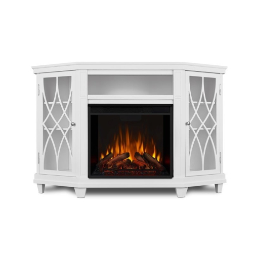 Bowery Hill Modern Solid Wood Corner Fireplace TV Stand in White