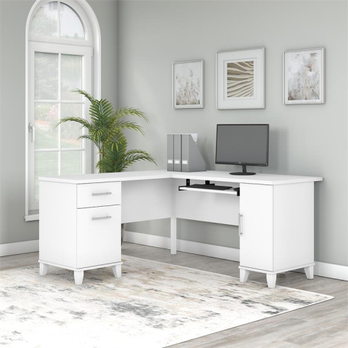 Somerset 60W L Shaped Desk with Storage in White - Engineered Wood