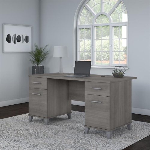 Somerset 60W Office Desk with Drawers in Platinum Gray - Engineered Wood