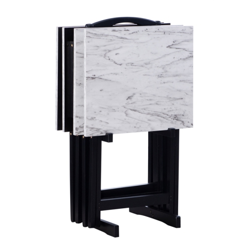Linon Faux Marble Wood Five Piece Tray Table Set in White
