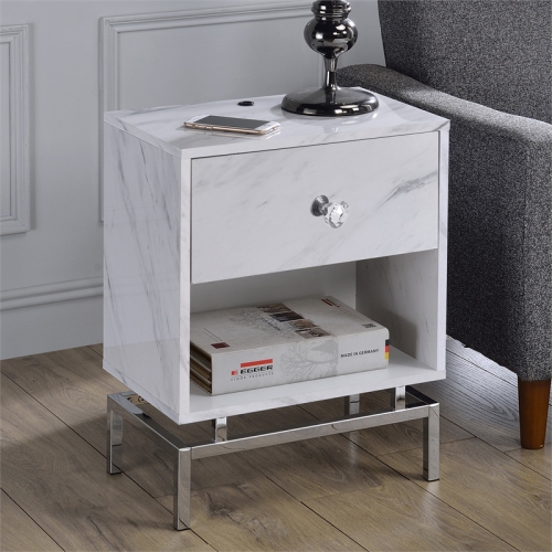 BOWERY HILL  Contemporary Wood 1-Drawer End Table In White Marble