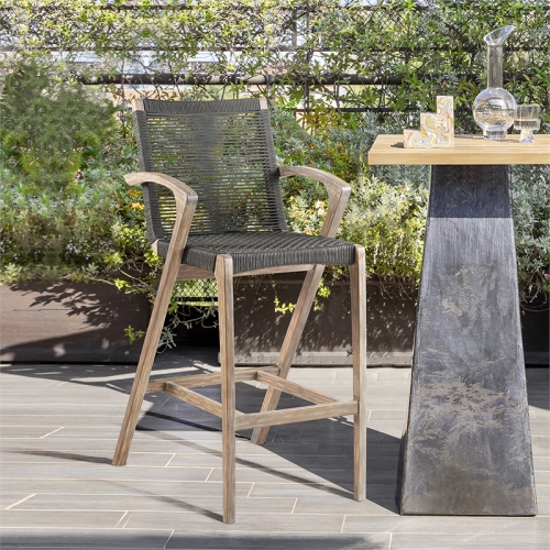 Brielle Outdoor Light Eucalyptus Wood and Charcoal Rope Stool