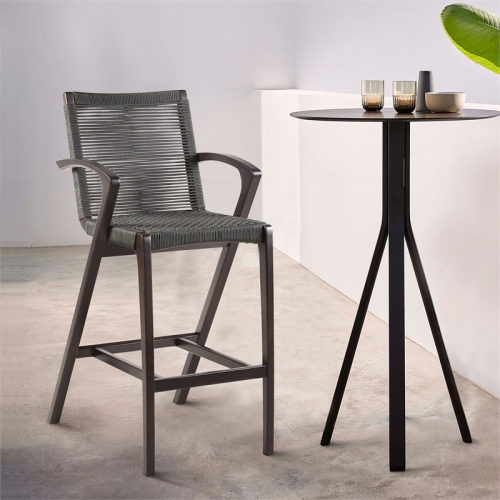 Brielle Outdoor Dark Eucalyptus Wood and Grey Rope Stool