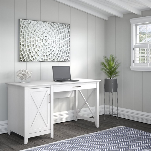 Bush Furniture Key West 54W Computer Desk with Storage in Pure White Oak