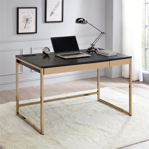 BOWERY HILL  Contemporary Metal Writing Desk With USB Port In Black