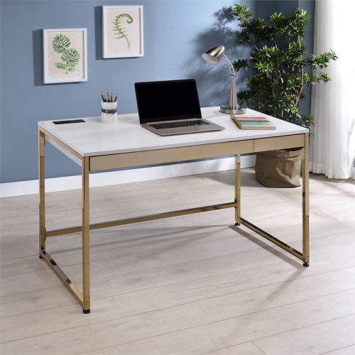 Bowery Hill Contemporary Metal Writing Desk with USB Port in White