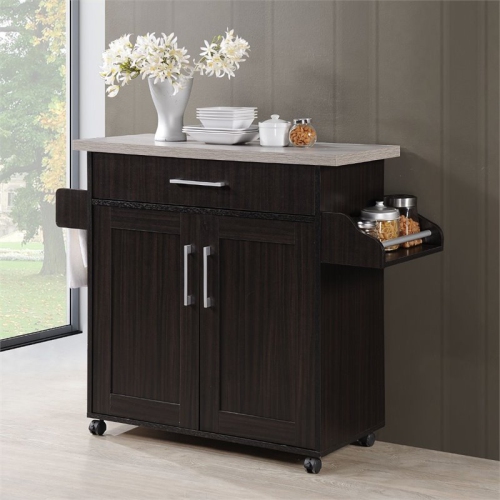 Hodedah Kitchen Island with Spice Rack plus Towel Holder in Chocolate-Gray Wood