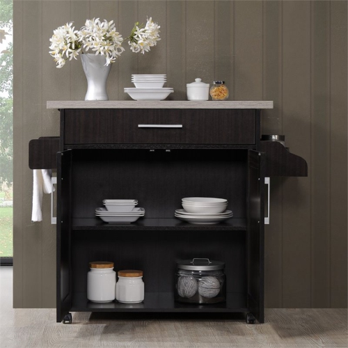 Hodedah Kitchen Island with Spice Rack plus Towel Holder in Chocolate-Gray Wood