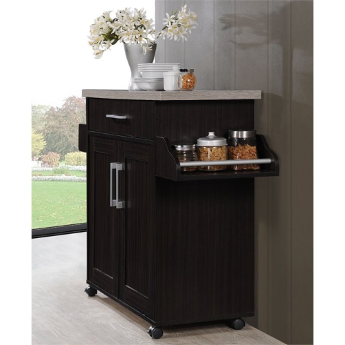 Hodedah Kitchen Island with Spice Rack plus Towel Holder in Chocolate-Gray Wood