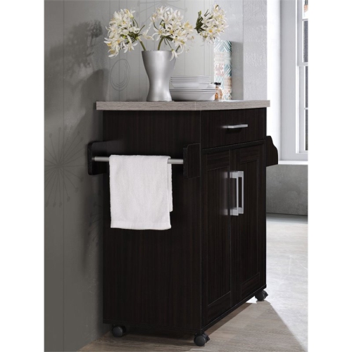 Hodedah Kitchen Island with Spice Rack plus Towel Holder in Chocolate-Gray Wood