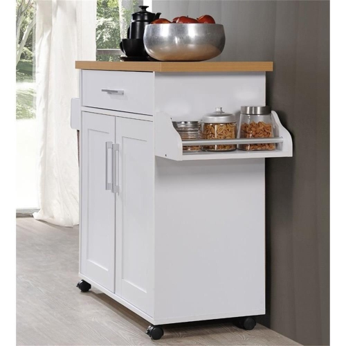 Hodedah Kitchen Island with Spice Rack plus Towel Holder in White Wood