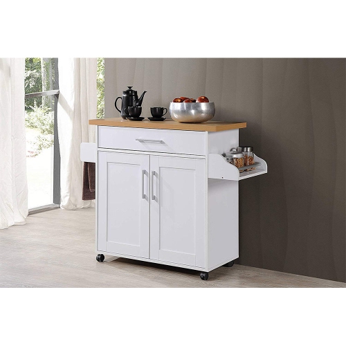 Hodedah Kitchen Island with Spice Rack plus Towel Holder in White Wood