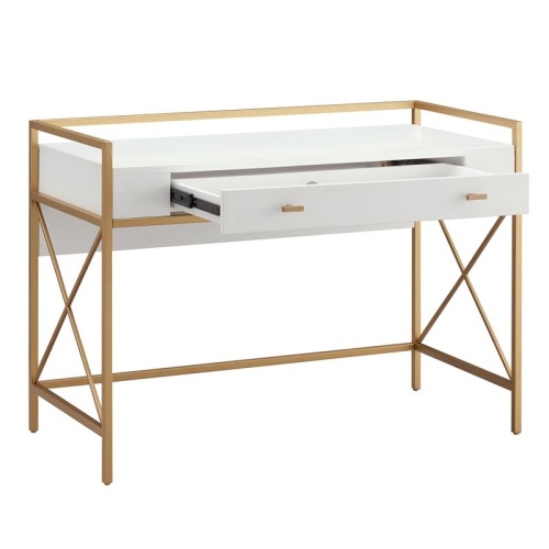 9240-WTGL Claudette Desk with Drop Front Keyboard Drawer in White/Satin Gold