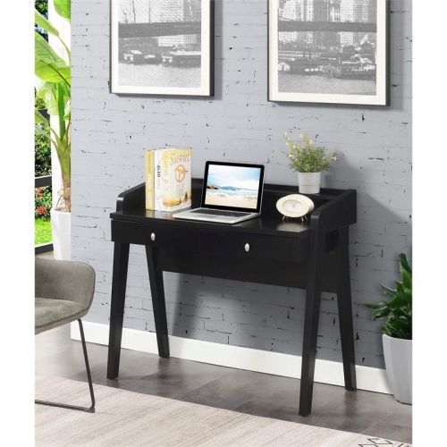 Newport Deluxe Two-Drawer Desk with Shelf in Black Wood Finish
