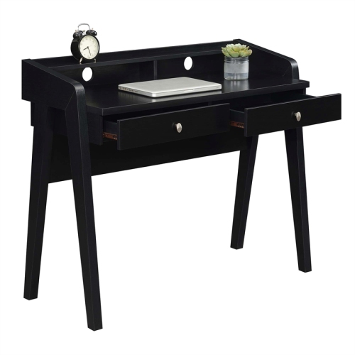Newport Deluxe Two-Drawer Desk with Shelf in Black Wood Finish
