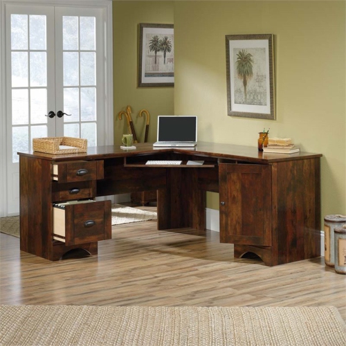 Sauder Harbor View Corner Traditional Wood Computer Desk in Curado Cherry