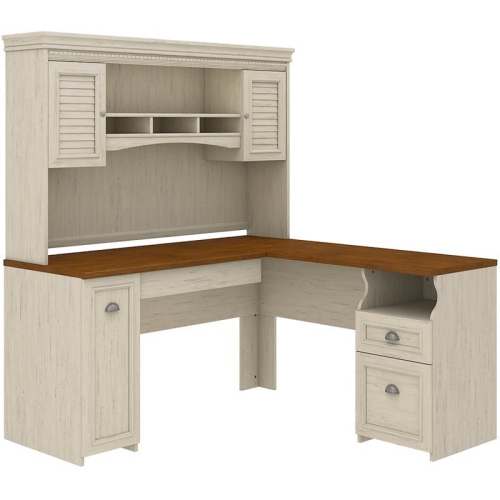 Fairview L Shaped Desk with Hutch in Antique White - Engineered Wood