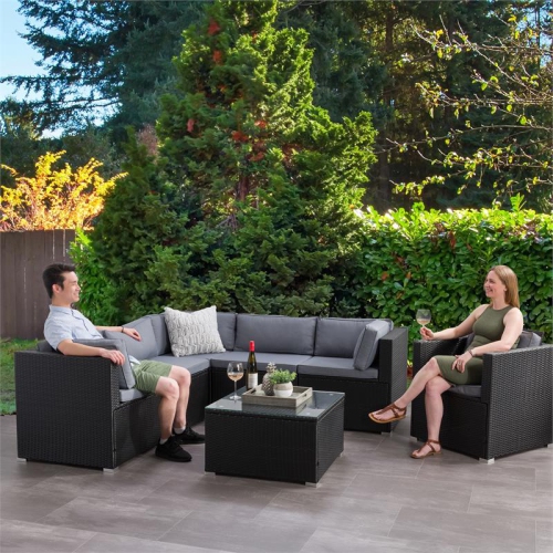 CorLiving Patio Sectional Set 7pc - Black with Gray Fabric Cushions