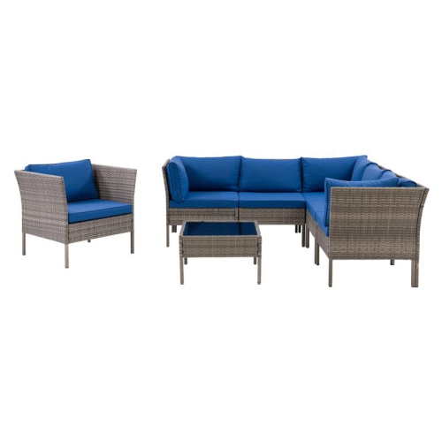 CorLiving 7pc Patio Sectional Set with Chair - Blended Grey with Blue Cushions