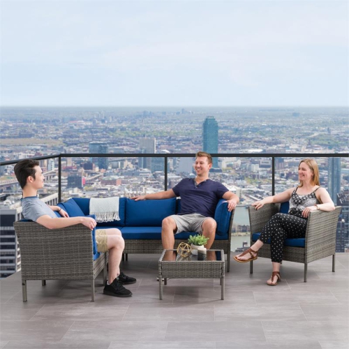 CorLiving 7pc Patio Sectional Set with Chair - Blended Grey with Blue Cushions