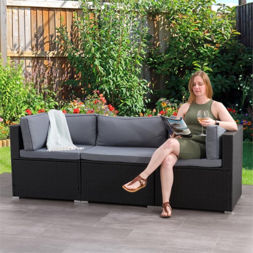 CorLiving Patio Sectional Set 3pc - Black with Gray Fabric Cushions