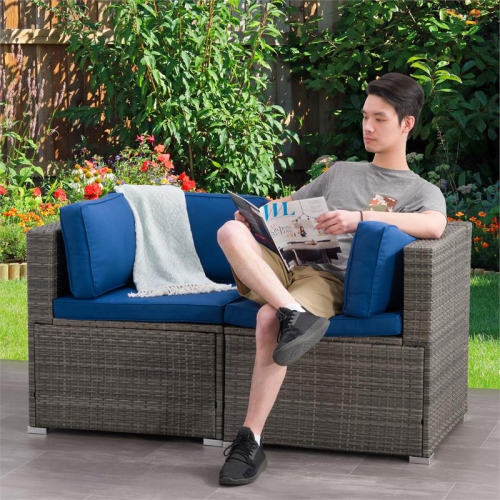 CorLiving Patio Sectional Set 2pc - Grey with Blue Fabric Cushions