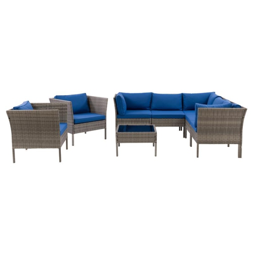 Ensemble modulaire de patio de 8 pièces avec 2 chaises de CorLiving - Gris mélangé avec coussins bleus