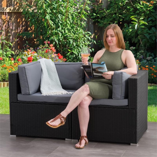 CorLiving Patio Sectional Set 2pc - Black with Gray Fabric Cushions