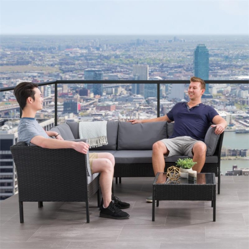 CorLiving Patio Sectional 6pc - Black with Ash Gray Cushions