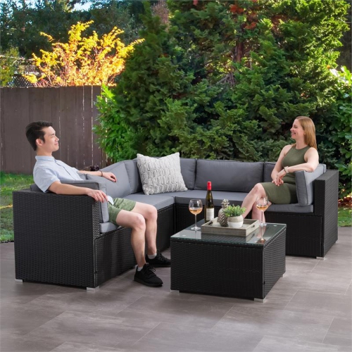 CorLiving Patio Sectional Set 6pc - Black with Gray Fabric Cushions