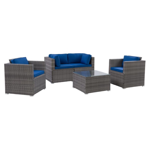 CorLiving Patio Sofa Sectional Set 5pc - Grey with Blue Fabric Cushions
