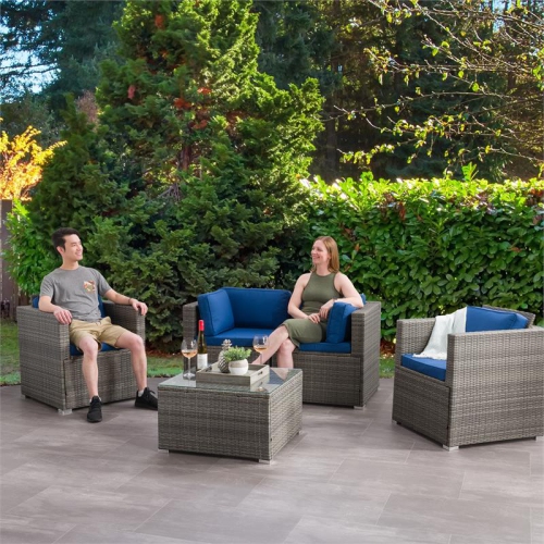 CorLiving Patio Sofa Sectional Set 5pc - Grey with Blue Fabric Cushions