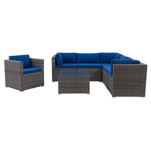 CORLIVING CANADA  Corliving Patio Sectional Set 7PC - Grey With Fabric Cushions In Blue