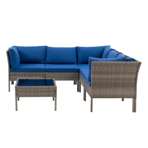 CorLiving Patio Sectional 6pc - Blended Grey with Blue Cushions