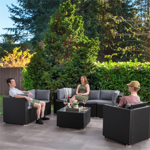 CorLiving Patio Sofa Sectional Set 7pc - Black with Gray Fabric Cushions