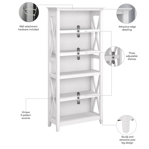 Bush Furniture Key West 5 Shelf Bookcase in Pure White Oak