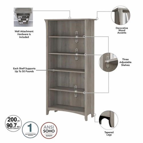 Bush Furniture Salinas Tall 5 Shelf Bookcase in Driftwood Gray