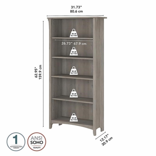 Bush Furniture Salinas Tall 5 Shelf Bookcase in Driftwood Gray